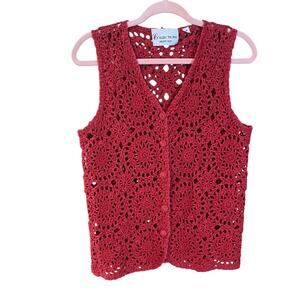 Vintage Red Crochet Ramie Cotton Vest Boho cocquette hippie cottagecore Medium
